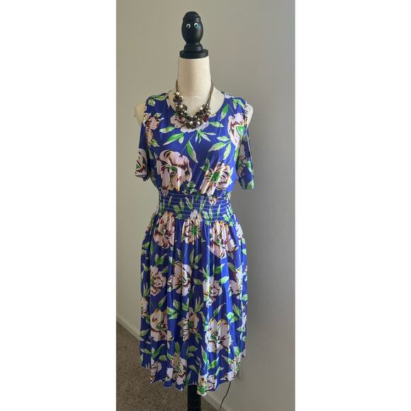 NWT FACTORIES CONNECTION BLUE FLORAL POLY SPANDEX COLD SHOULDER SUN DRESS XL-XXL - Picture 1 of 10